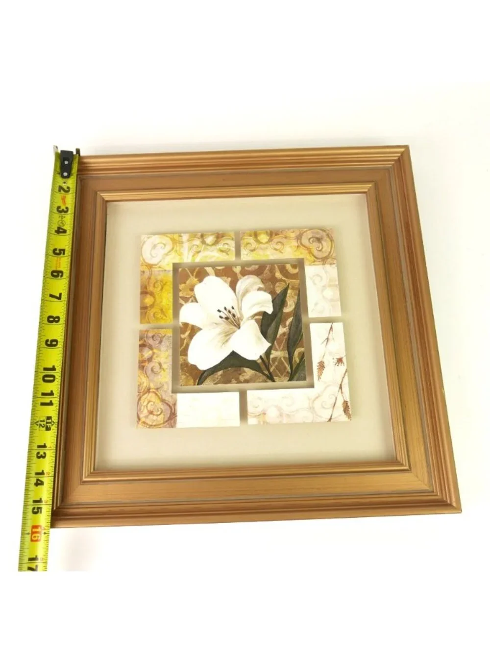 Vintage White Lily Floral Wall Art Collage Print Gold Color Frame 16” Square